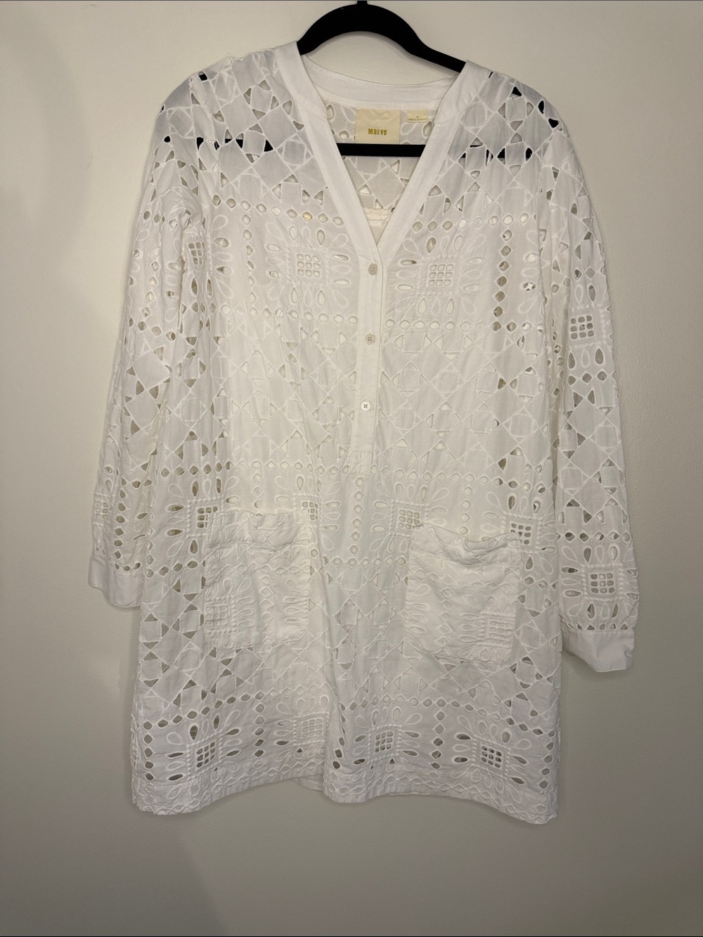 Anthropologie Maeve White Geo Eyelet Lace Mini Button-Front Shirtdress Small